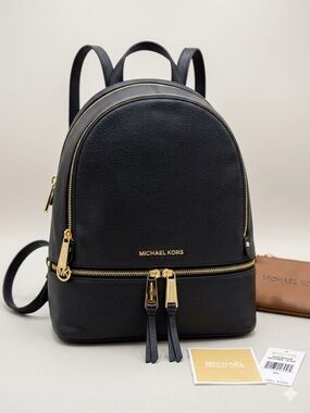Michael Kors Black Leather Mini Backpack with Gold Hardware
